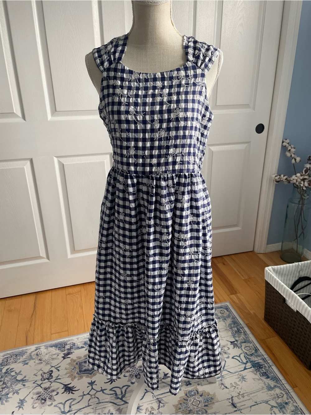 Blueberi boulevard Blue Gingham Ruffle Midi Dress with Floral Embroidery-Large